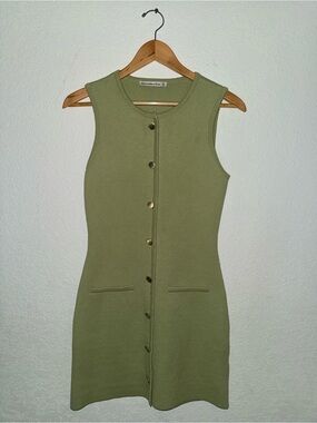 Sleeveless Pistachio Green Gold Button-Front Knit Dress